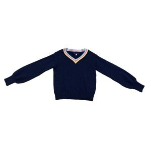 Andy & Evan Girls V-Neck Sweater, Navy Blue Lurex with Striped Collar, Size 7